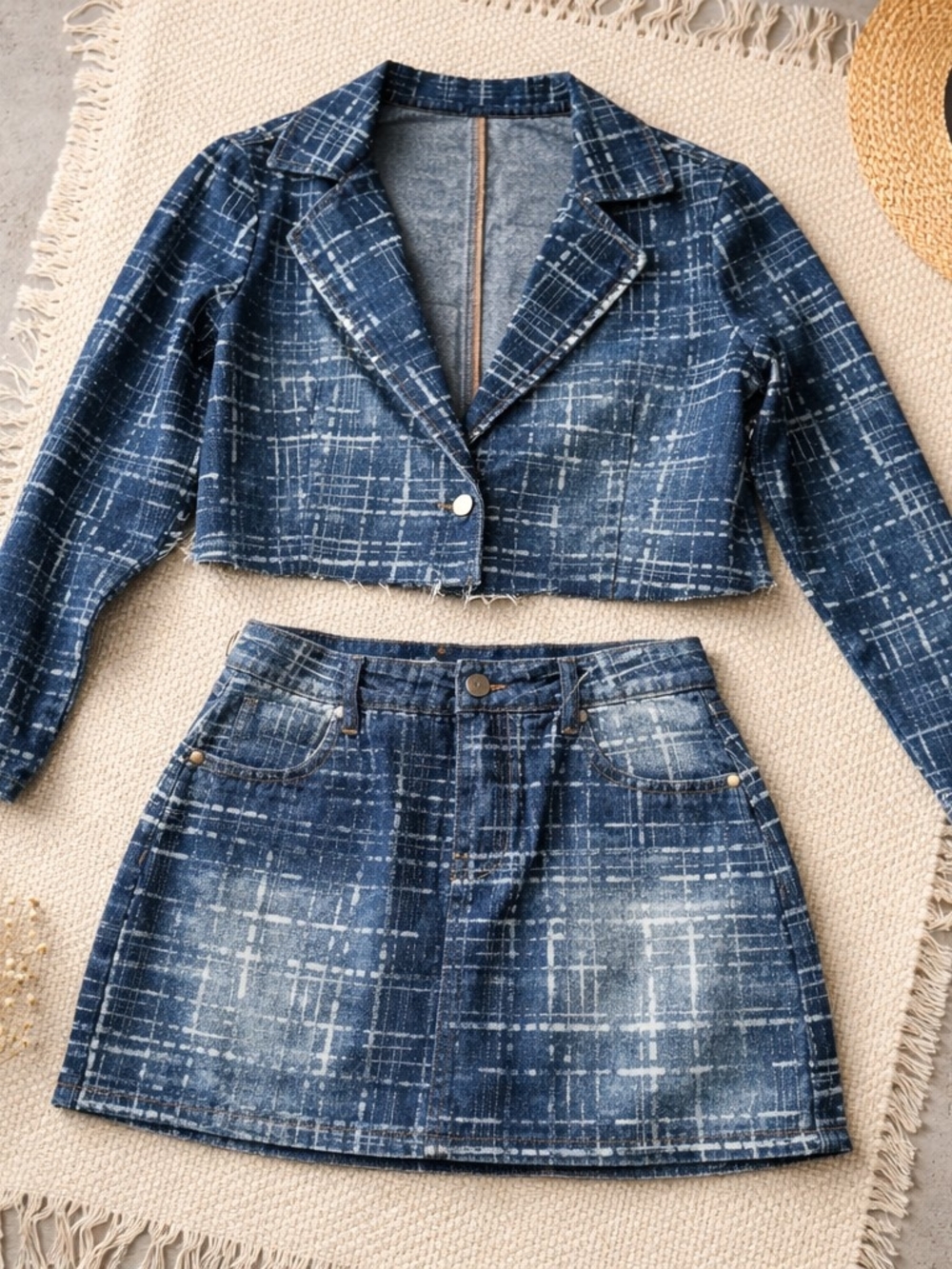 Two-Piece Denim Set - Blue Cropped Jacket & Mini Skirt